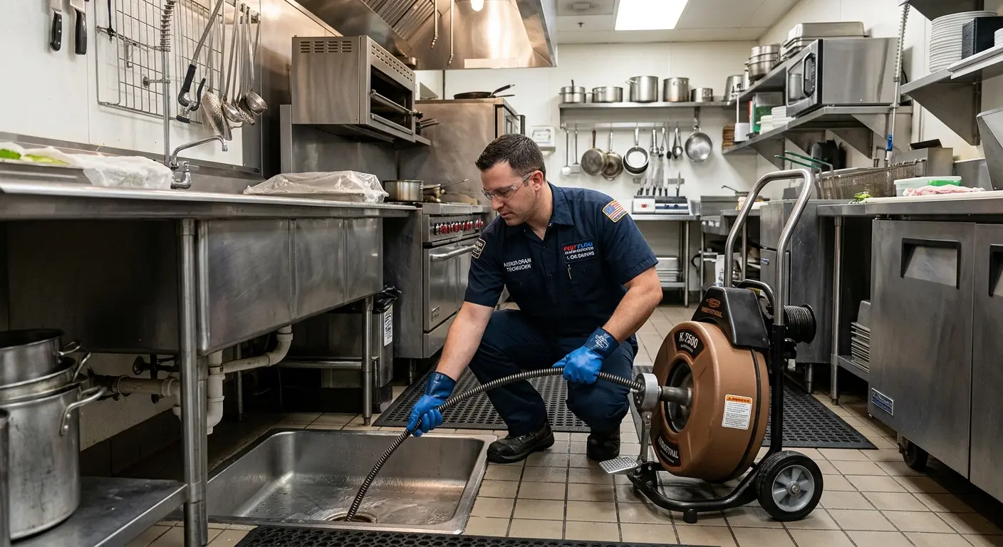 Commercial drain cleaning service in a restaurant kitchen in Box Elder