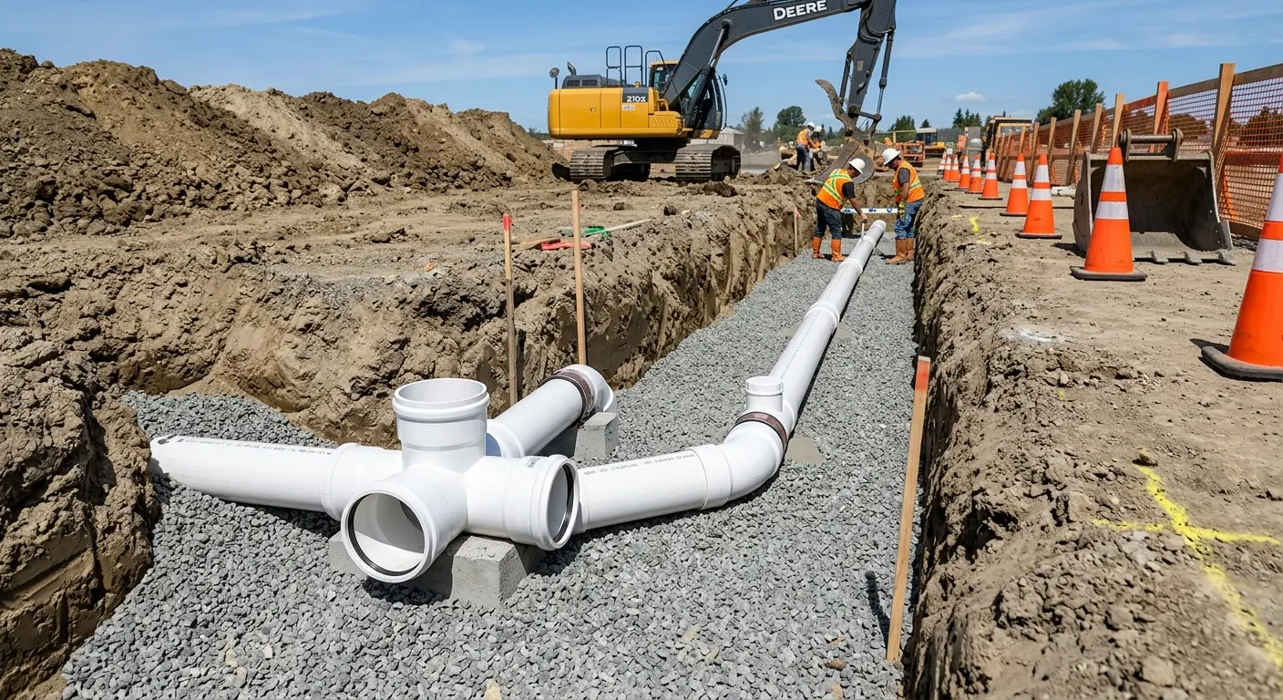 New PVC sewer pipe installation in open trench for Grease Trap Cleaning in Box Elder