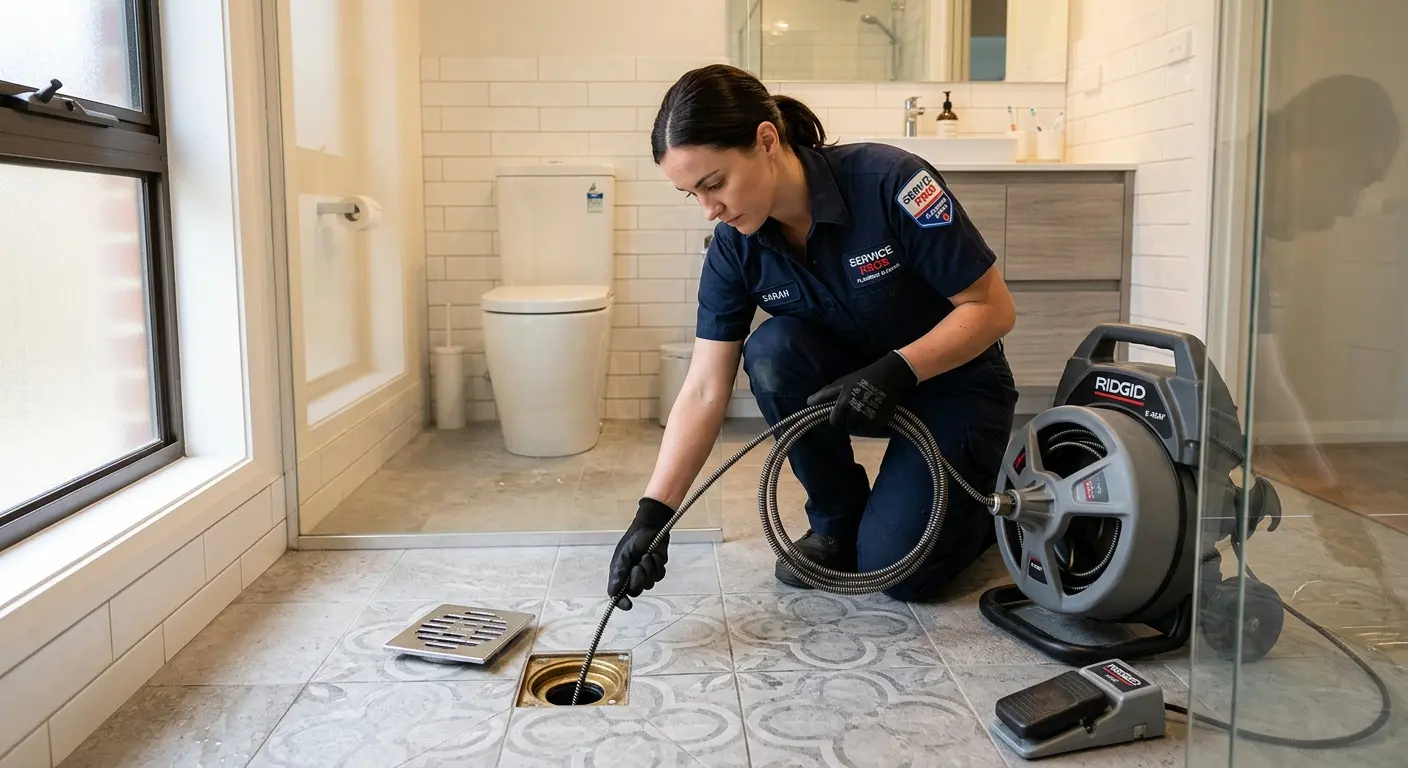 Technician clearing a bathroom floor drain for Drain Repair in Box Elder